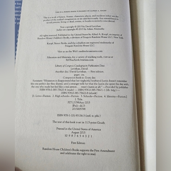 David Levithan. "Another Day" Knopf. 2015 Book Home Accents Cofffe Table Books - Picture 12 of 12